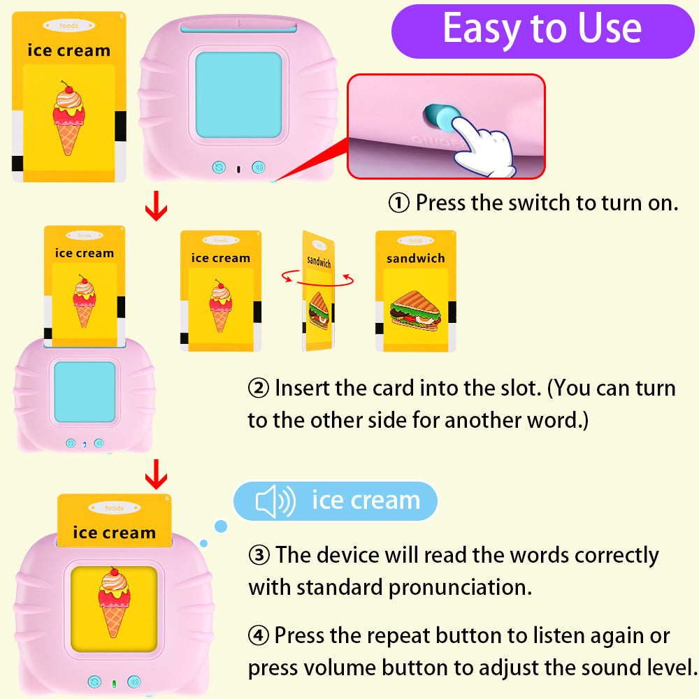 Pink device with slot for yellow cards labeled "ice cream" and "sandwich", showing usage instructions.