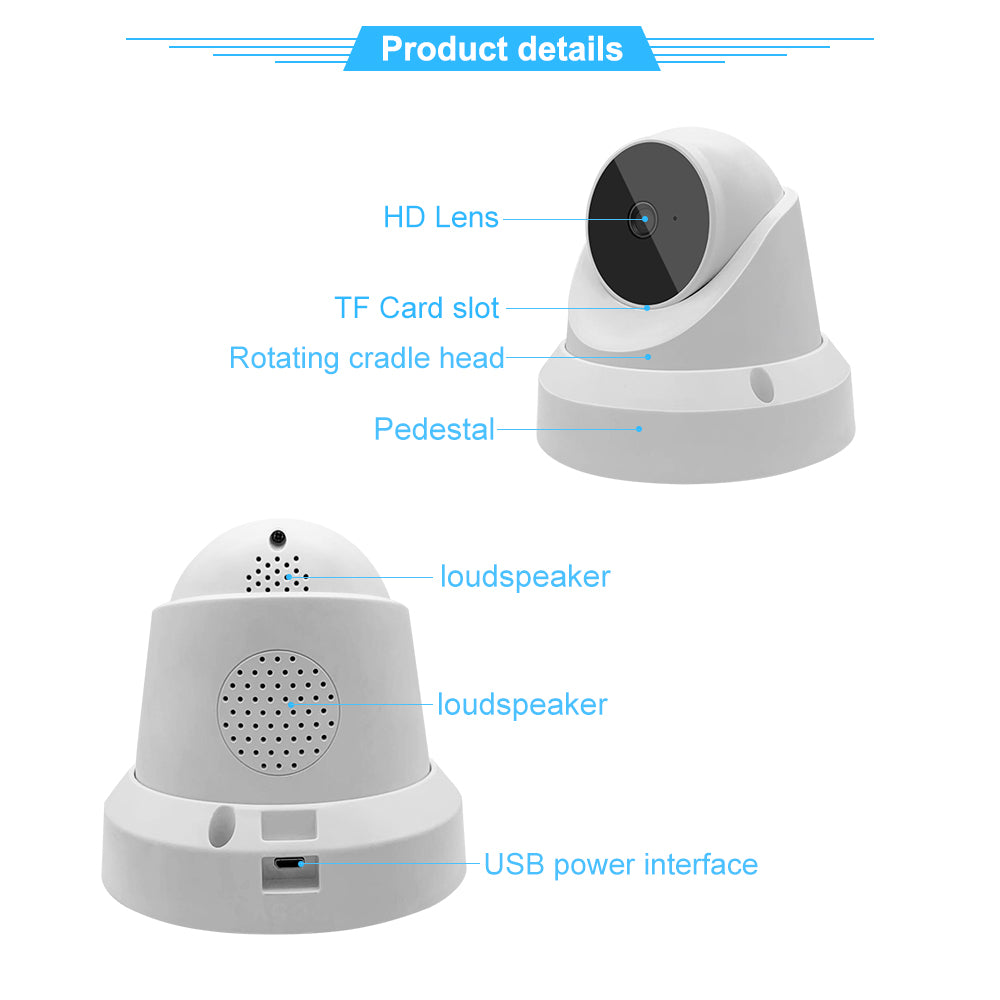 White security camera with HD lens, TF card slot, speakers, and USB power interface labeled.