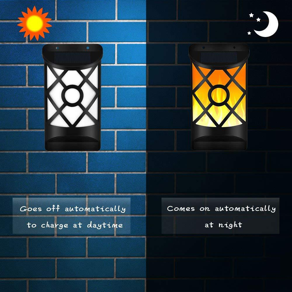 Two wall lights on a blue brick wall; left light is white with sun icon, right is orange with moon icon.