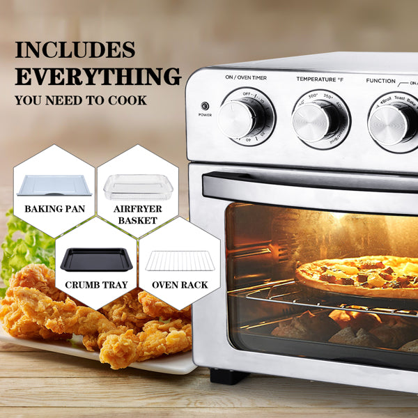 A silver oven with knobs, a pizza inside, and icons showing a baking pan, airfryer basket, crumb tray, and oven rack.