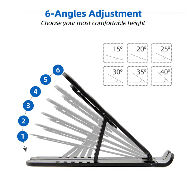 Laptop stand with 6 adjustable angles from 15 to 40 degrees, shown in different tilt positions.