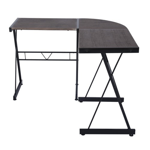 L-shaped wooden desk with black metal frame and X-shaped supports, featuring a dark brown surface.