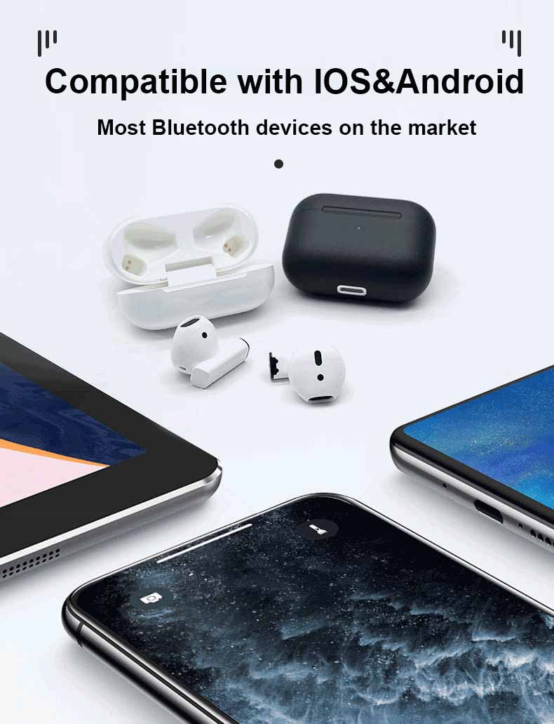 Wireless earbuds with black and white cases, surrounded by tablets and smartphones on a white background.