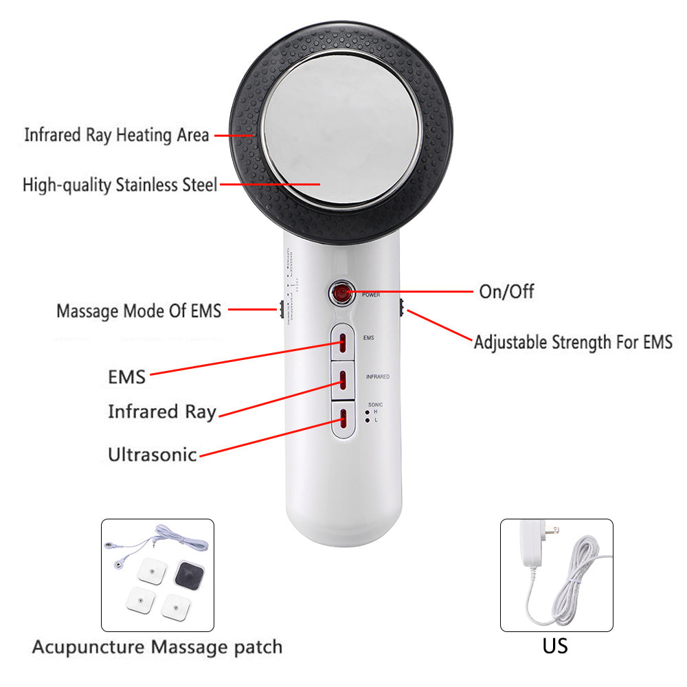 Handheld white device with stainless steel infrared head, labeled controls, and accessories.