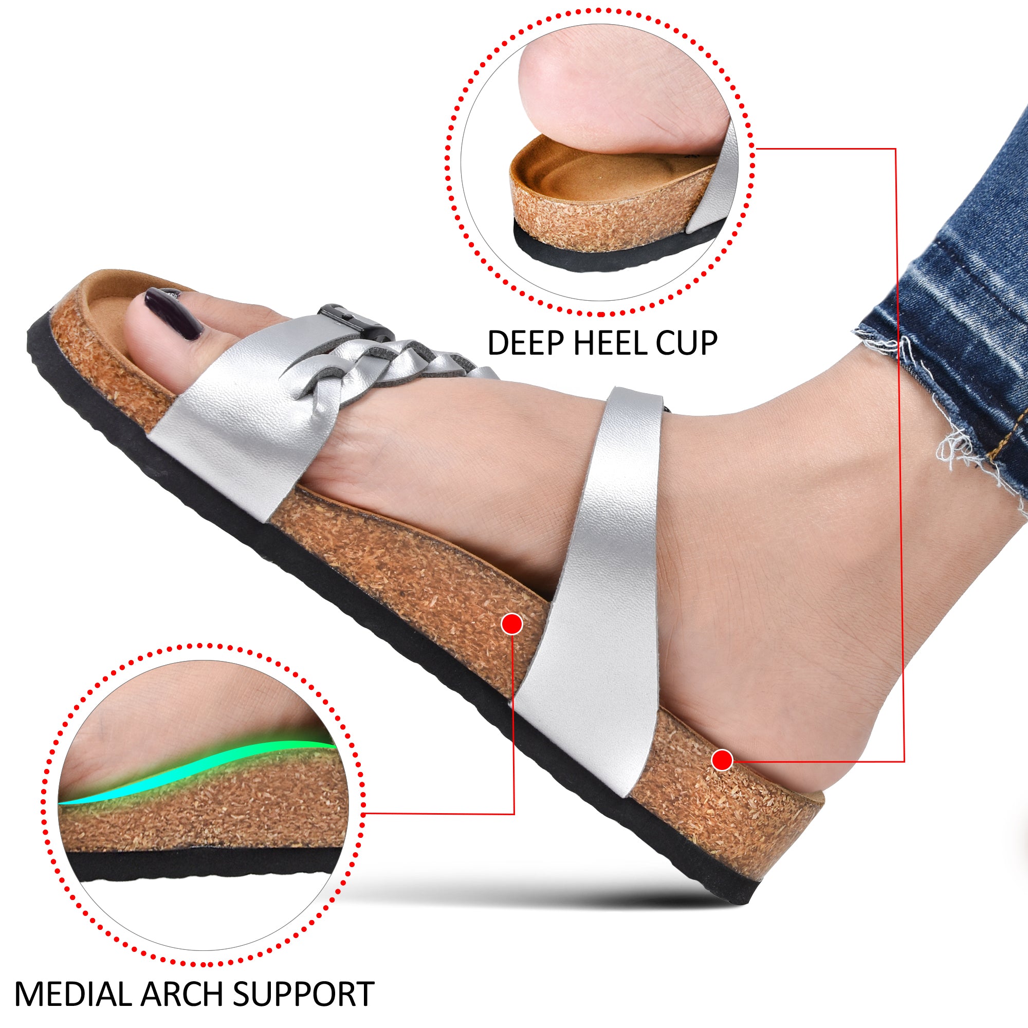 Silver sandal highlighting deep heel cup and medial arch support on cork sole.