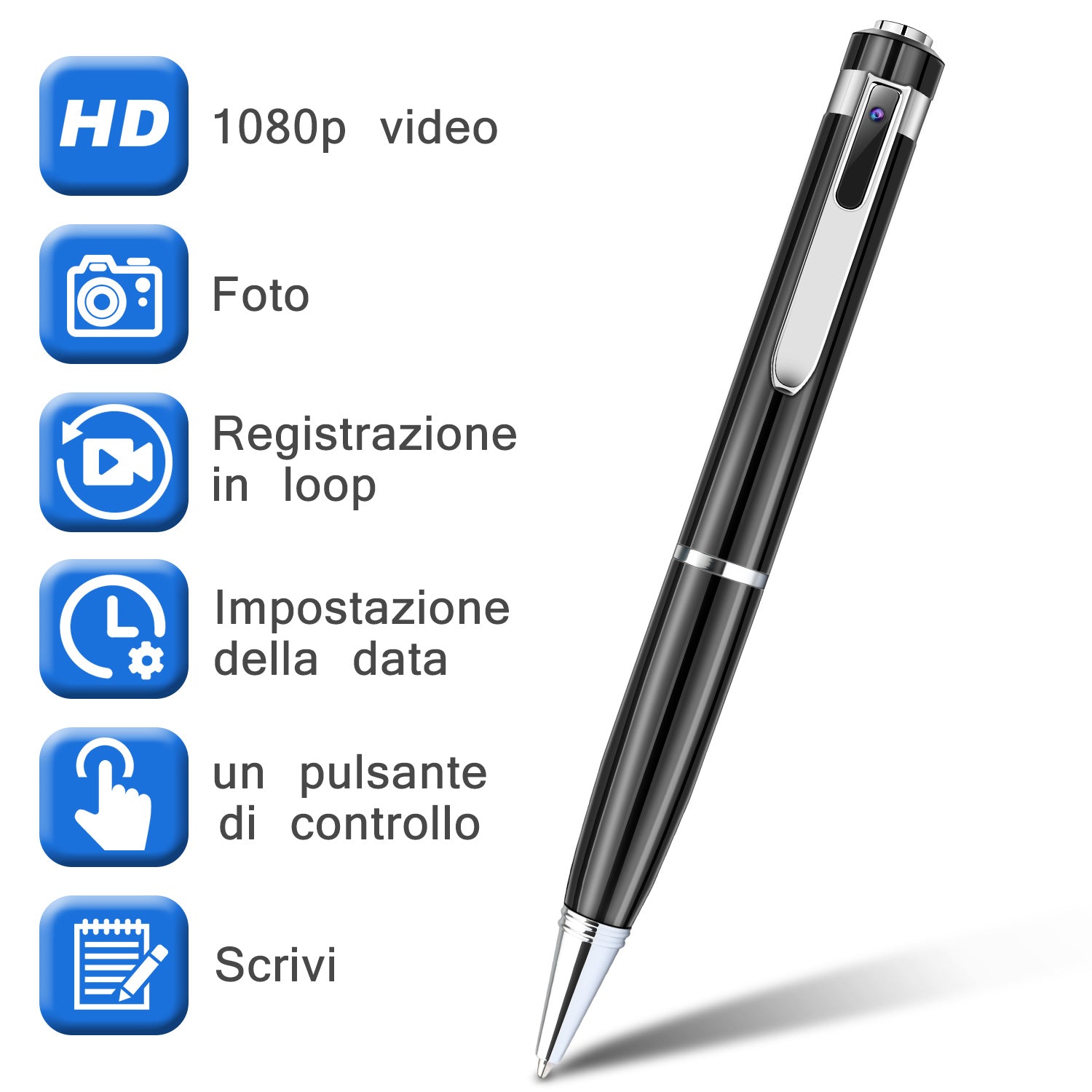 Black pen with silver accents, featuring Italian text and blue icons for video and photo functions.