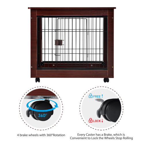 Brown wooden pet crate with metal bars and four wheels, featuring a brake system diagram.