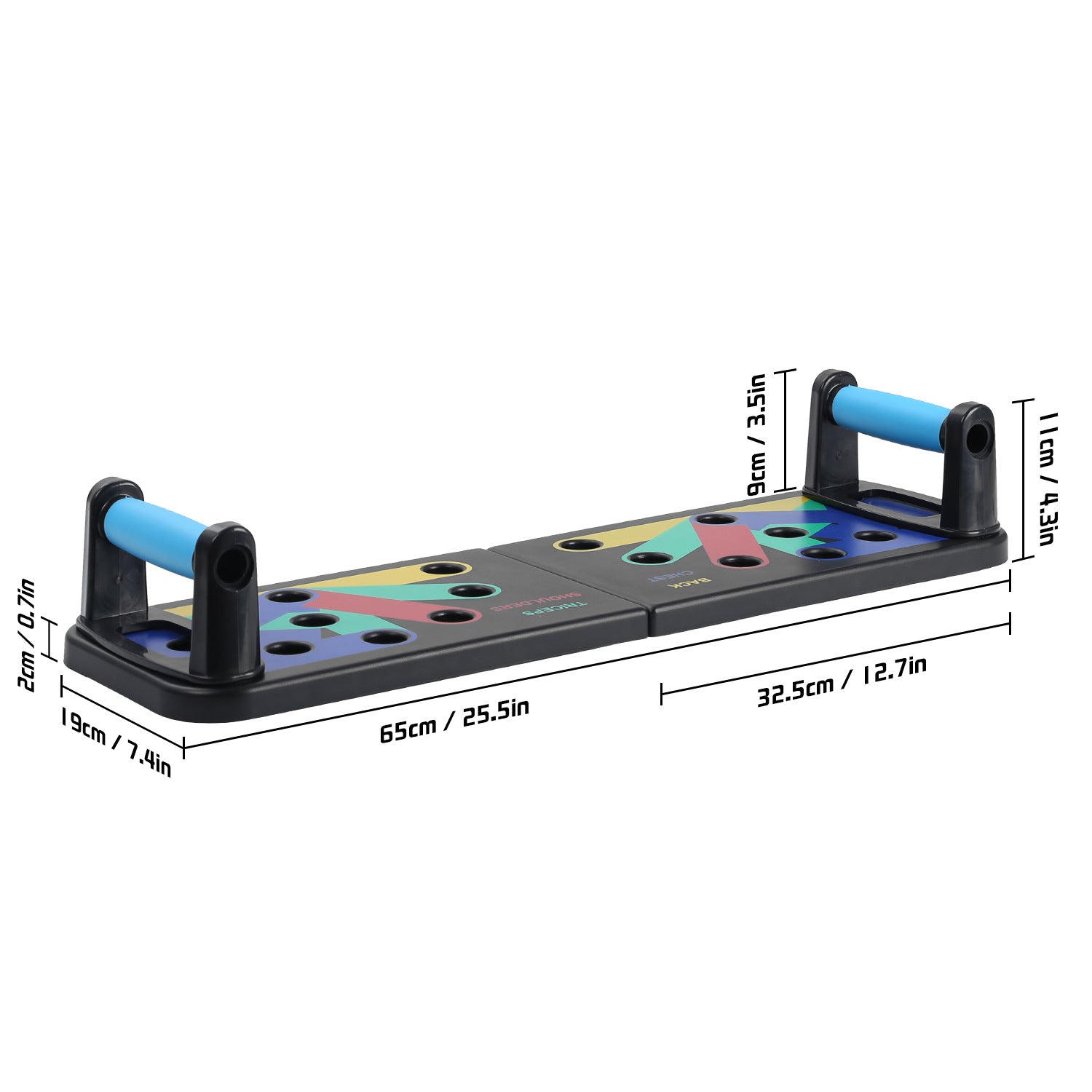 Push-up board with blue handles, multicolored slots, and size indicators in centimeters and inches.