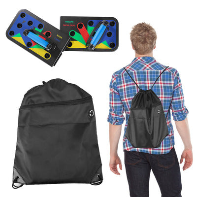 Man with plaid shirt and black drawstring bag; colorful push-up board also shown.