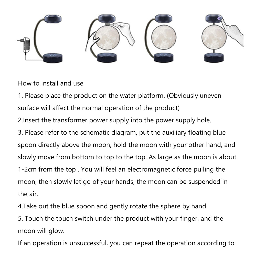 Instructions for levitating moon lamp with power plug, floating moon, and touch control.
