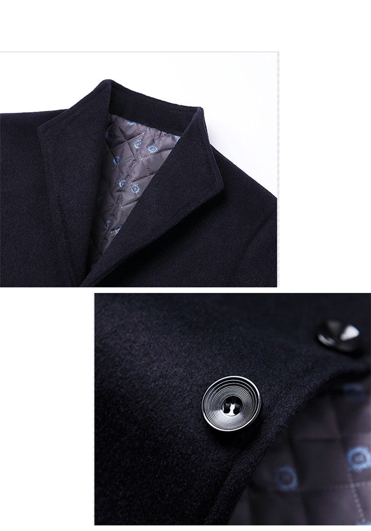 Dark coat with a quilted, patterned lining and circular black button detail.