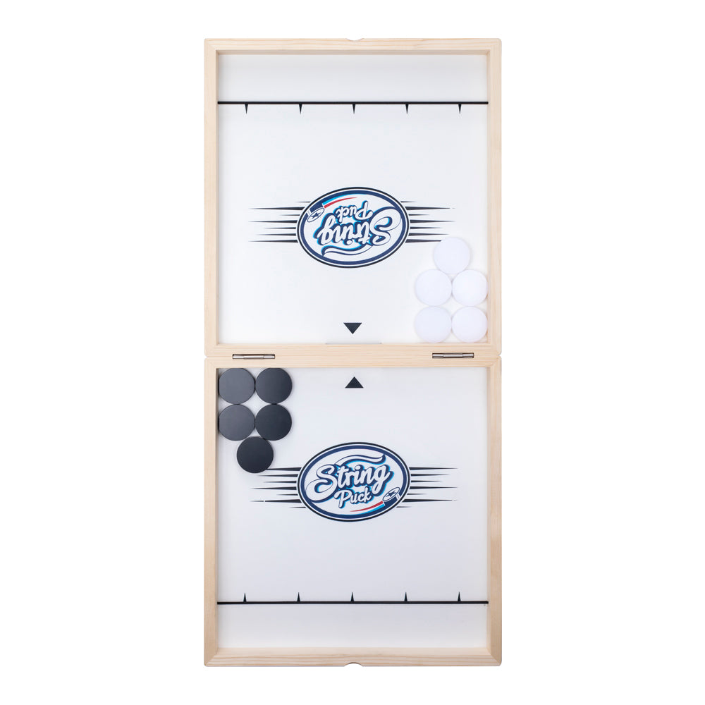 Wooden board game with white and black discs, logo at center, and arrows pointing inward.
