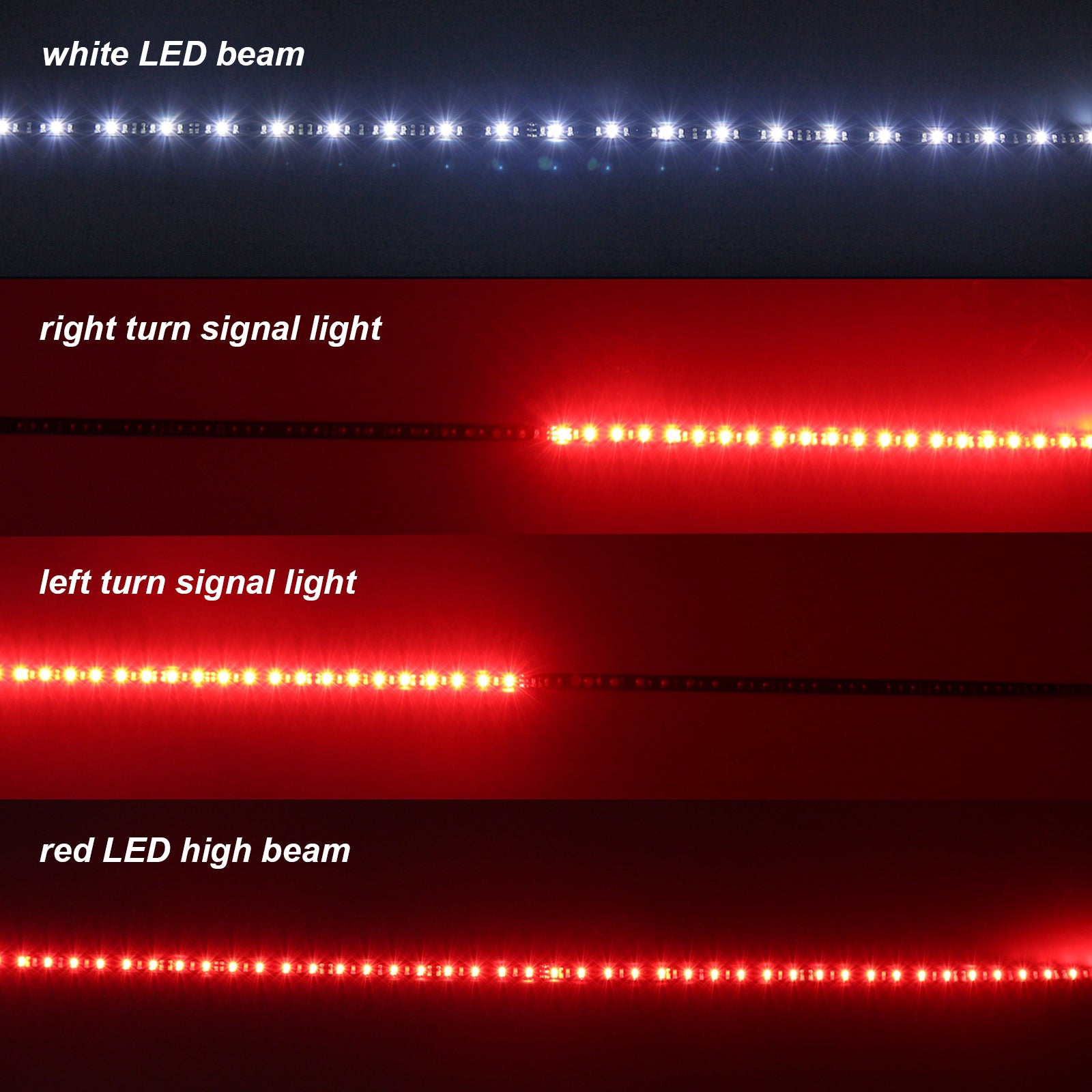 White and red LED strips showing different light signals: white, right/left turn, and high beam.