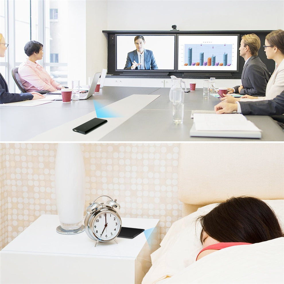 Meeting room video call; people seated with laptops. Bedroom; person asleep, alarm clock, lamp on table.