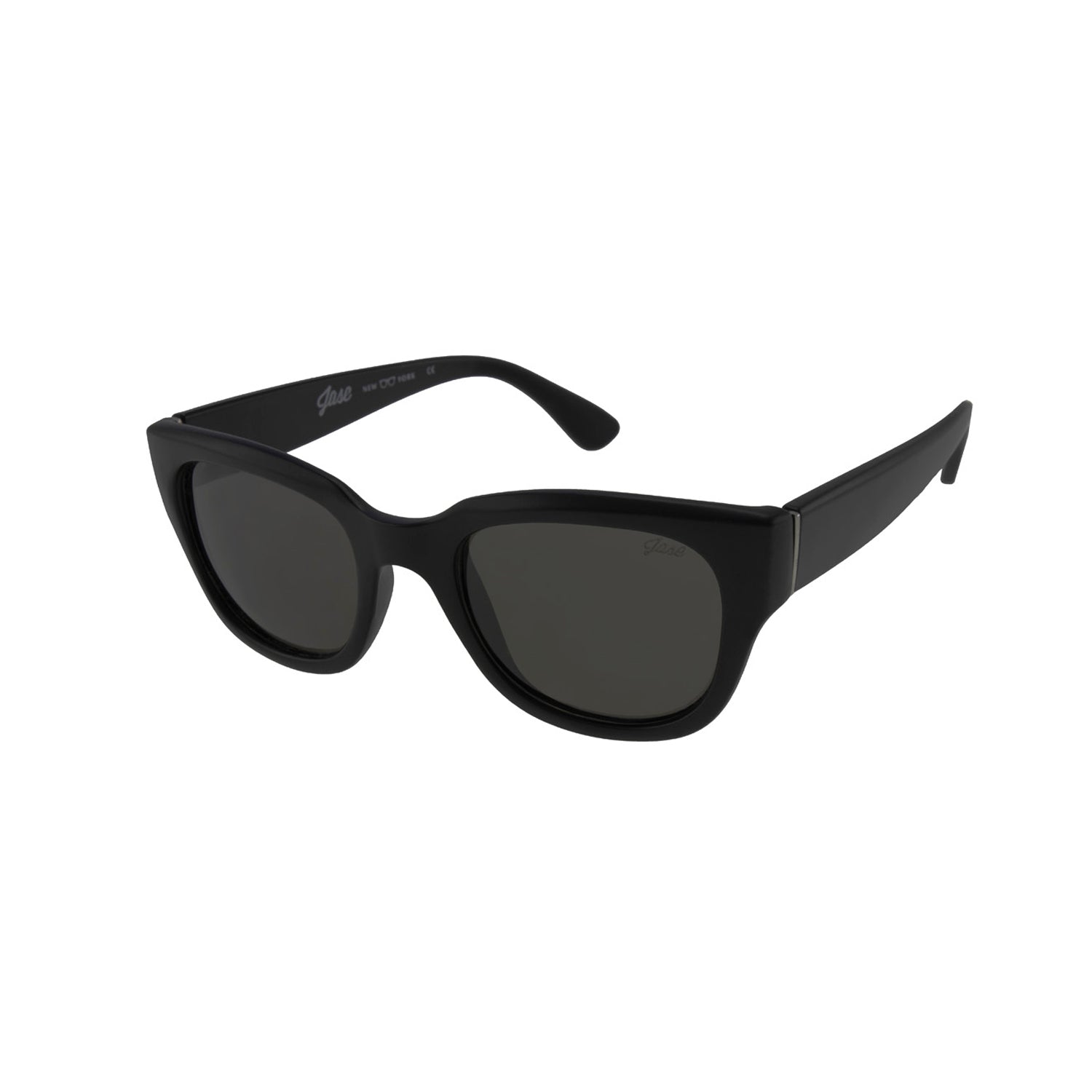 Black sunglasses with dark lenses and thick frames on a white background.