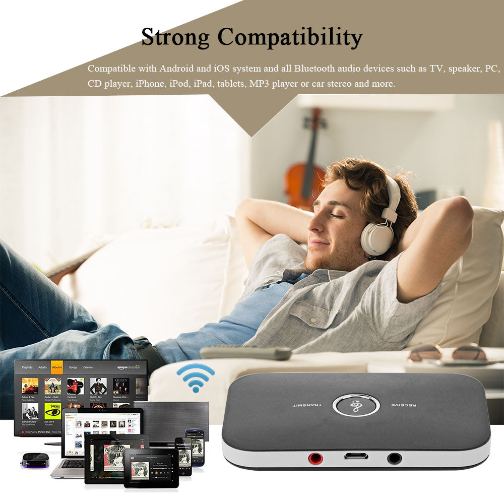 Man relaxing on a couch with headphones, surrounded by audio devices and Bluetooth connectivity icon.