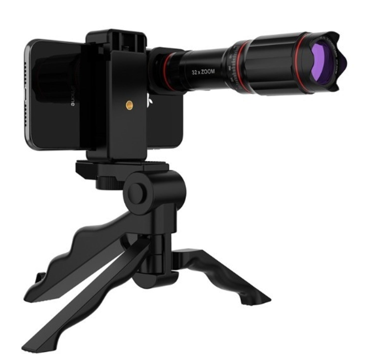 Smartphone with black 32x zoom lens on a compact tripod, featuring a purple lens reflection.