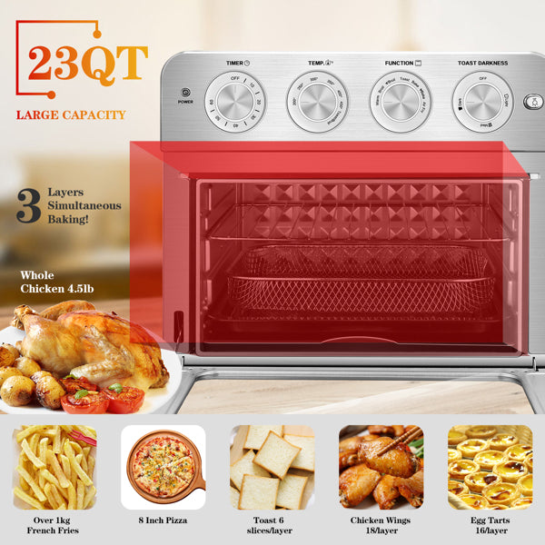 Silver toaster oven with red highlight, control knobs, and various cooked foods below.