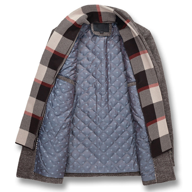 Open gray coat with plaid collar and quilted blue lining.