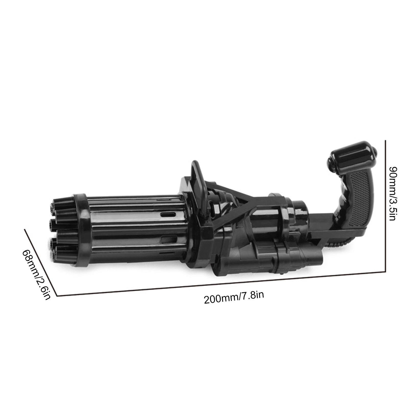 Black toy minigun with rotating barrels, pistol grip, and dimensions labeled in millimeters.