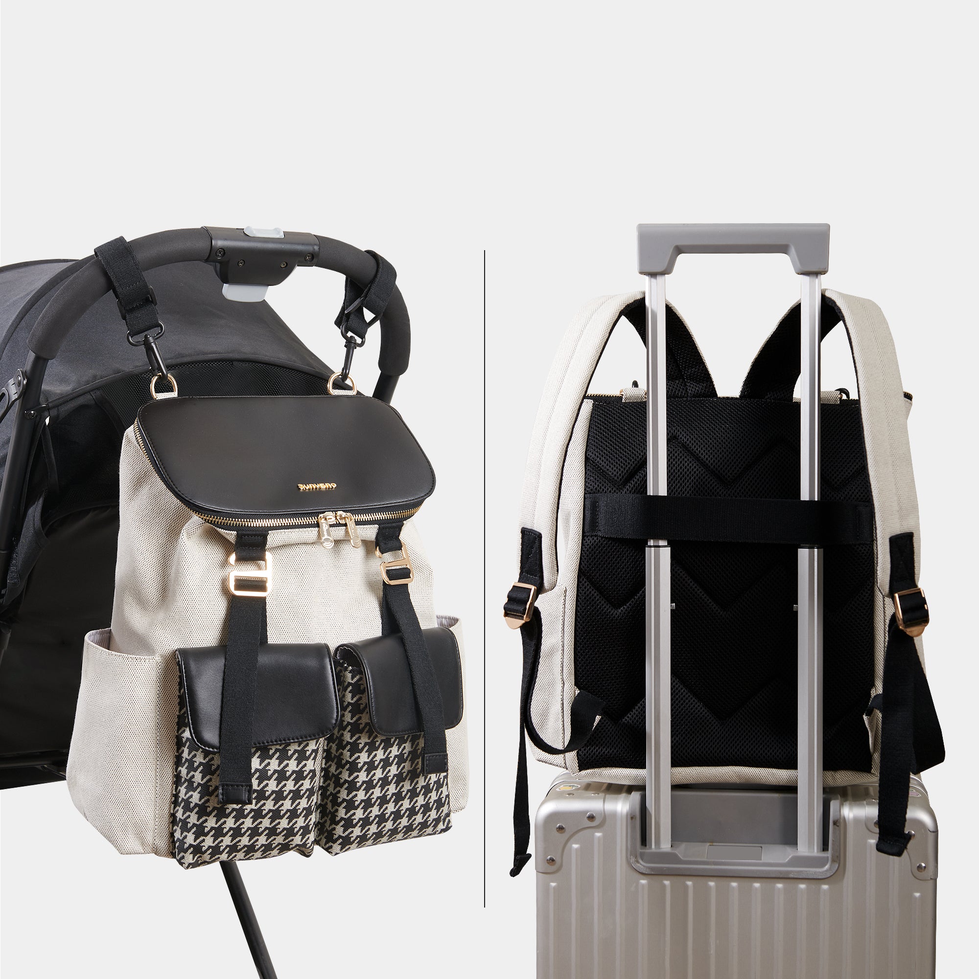 Cream and black backpack with houndstooth pockets on a stroller and suitcase handle.