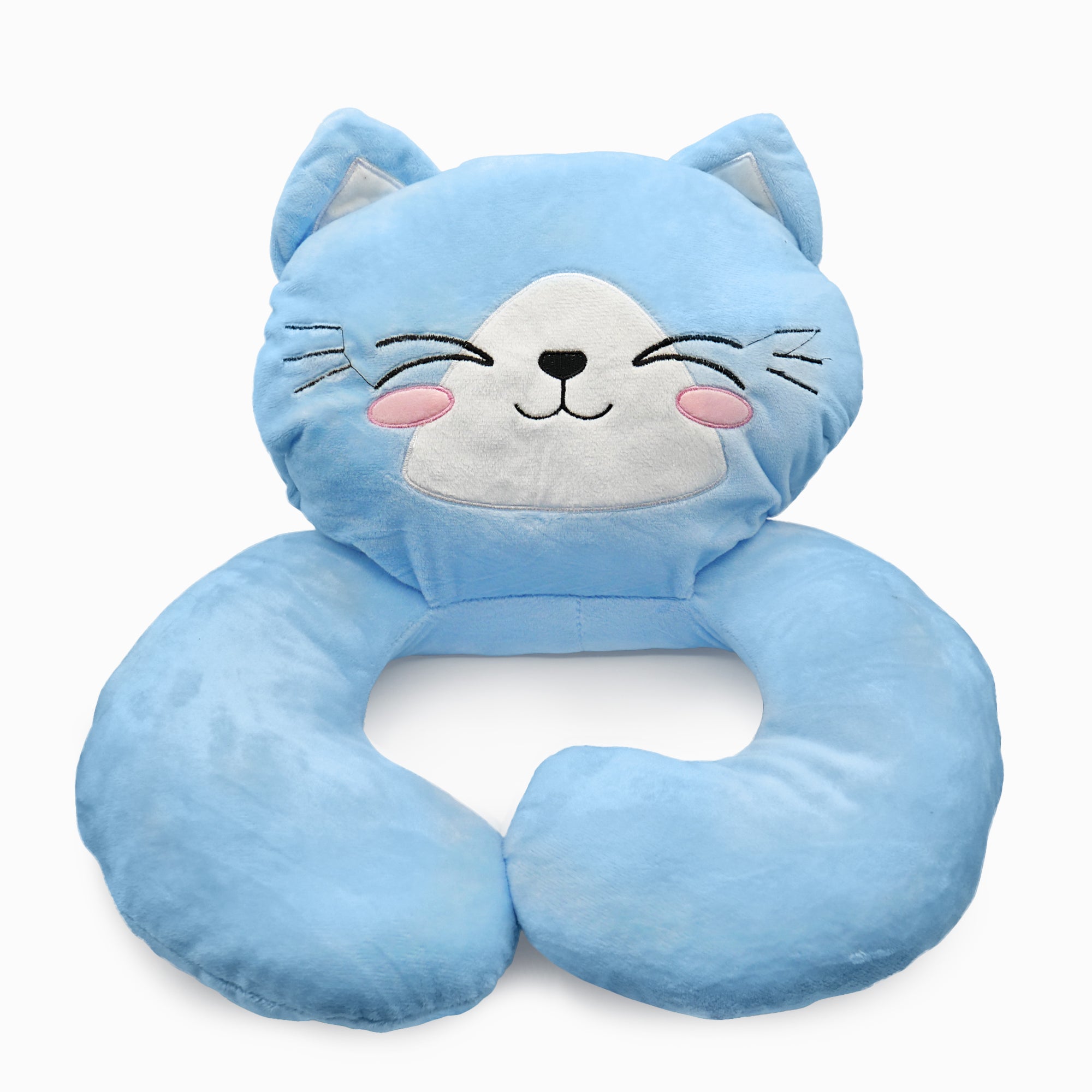 Blue cat-shaped plush neck pillow with embroidered face, pink cheeks, and closed eyes.