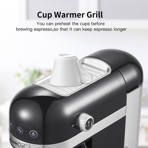 Black espresso machine with a gray cup warmer grill on top, featuring control buttons and a knob.