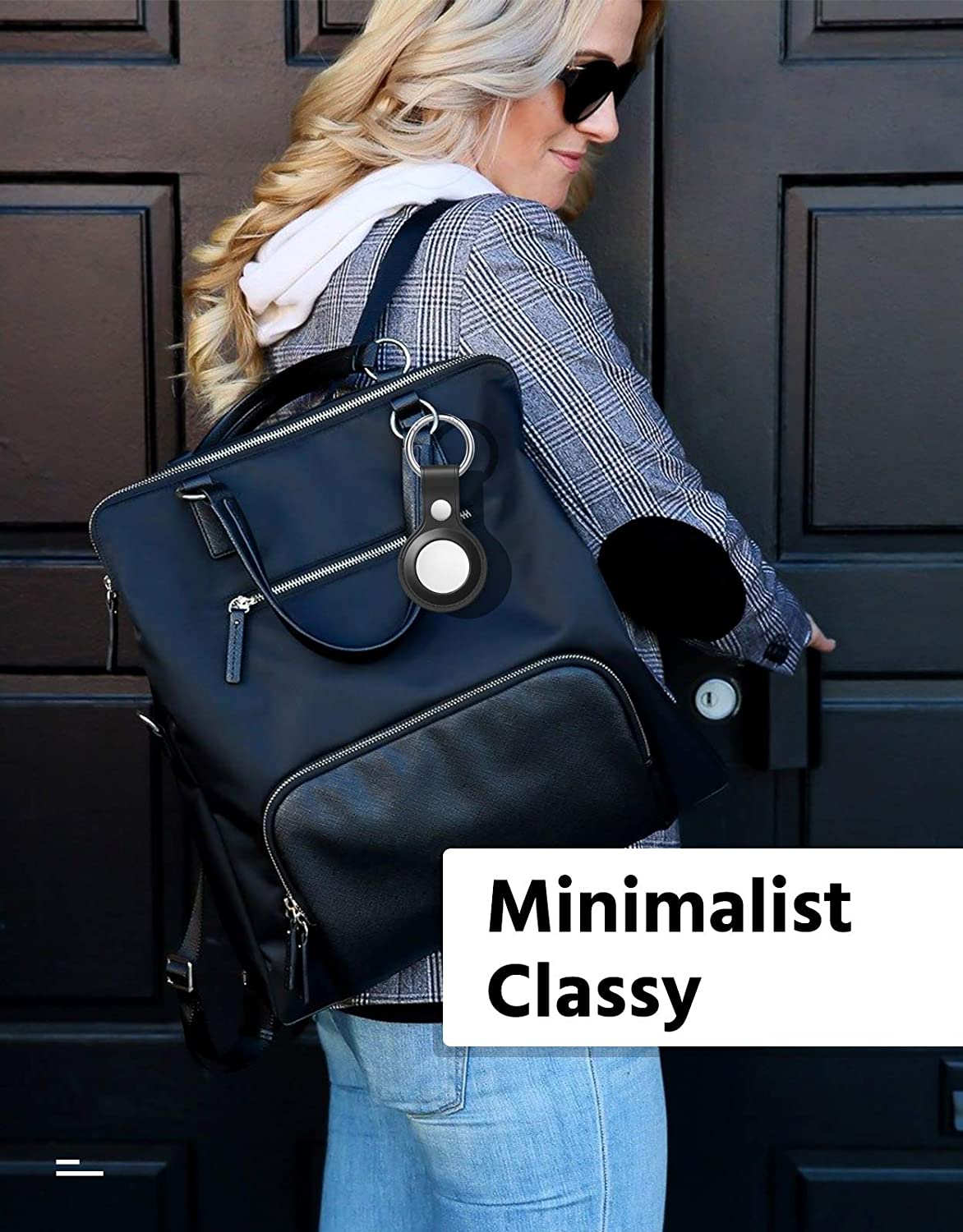 Woman in plaid coat with headphones, black bag, text "Minimalist Classy" on the image.