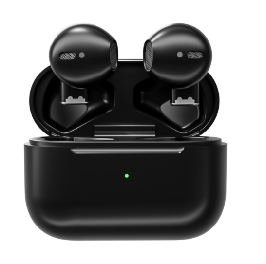 Black wireless earbuds in an open charging case with a small green indicator light.