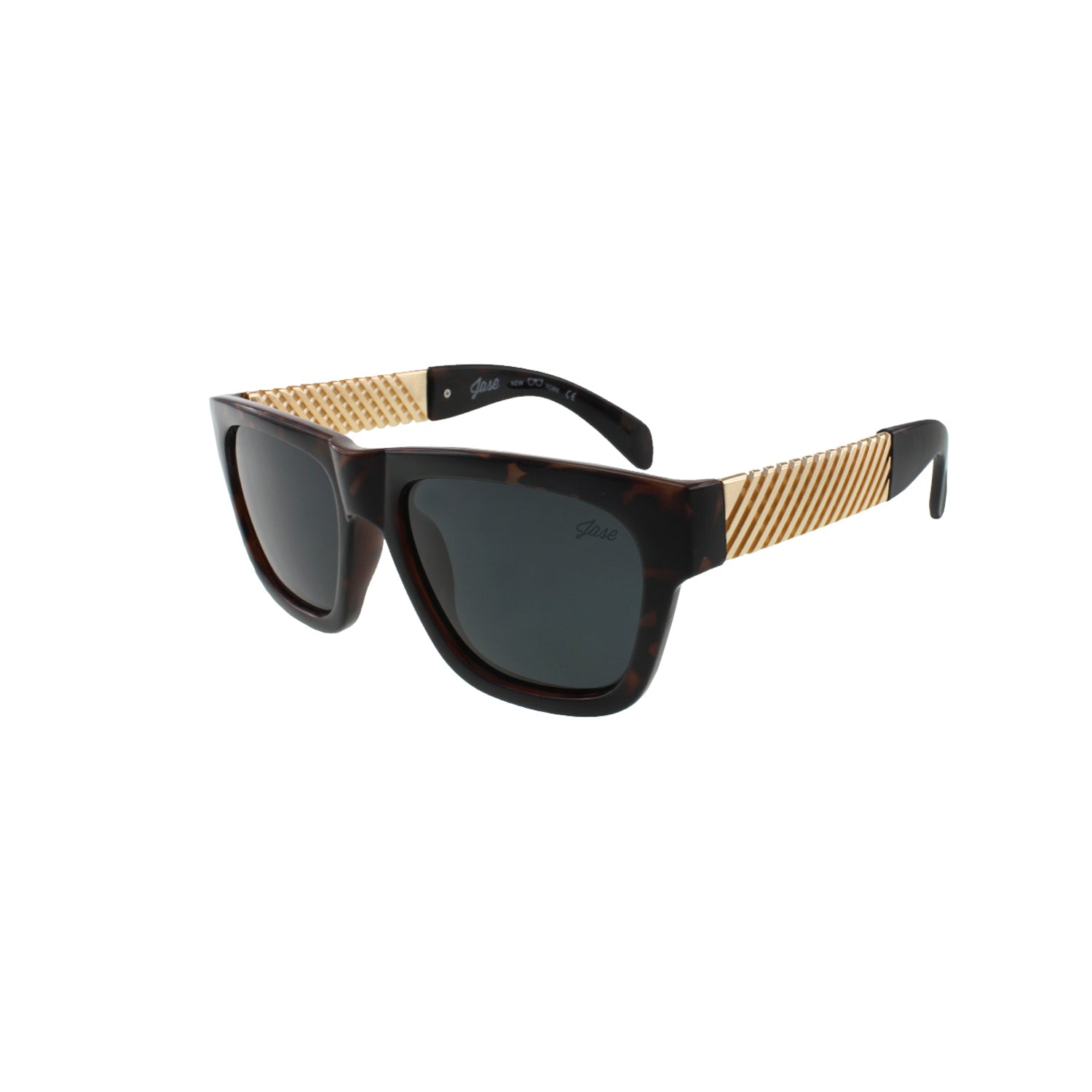 Tortoiseshell sunglasses with black lenses and gold-striped temples.