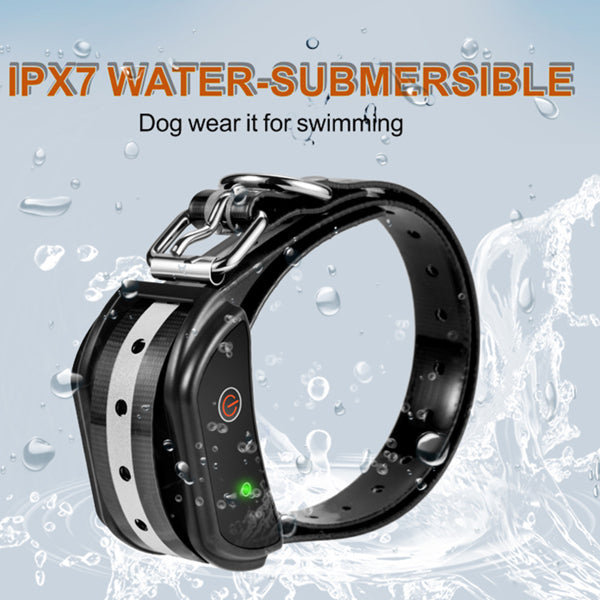 Black waterproof dog collar with metal buckle, green light, and water droplets around.