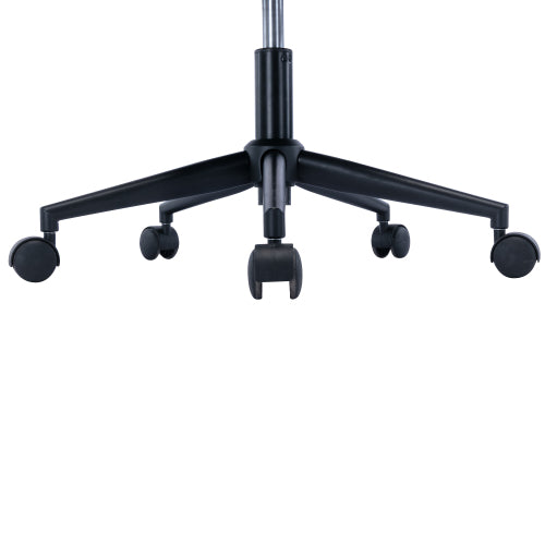 Black office chair base with five caster wheels on a white background.