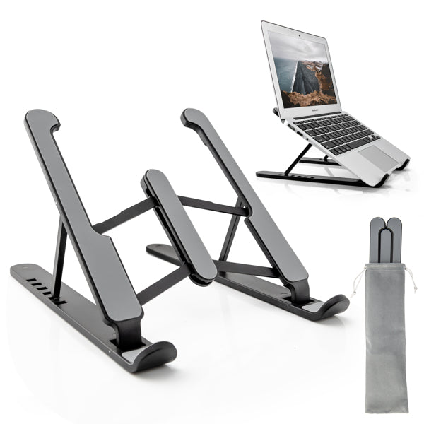Black adjustable laptop stand with a silver laptop and a gray carrying pouch on a white background.