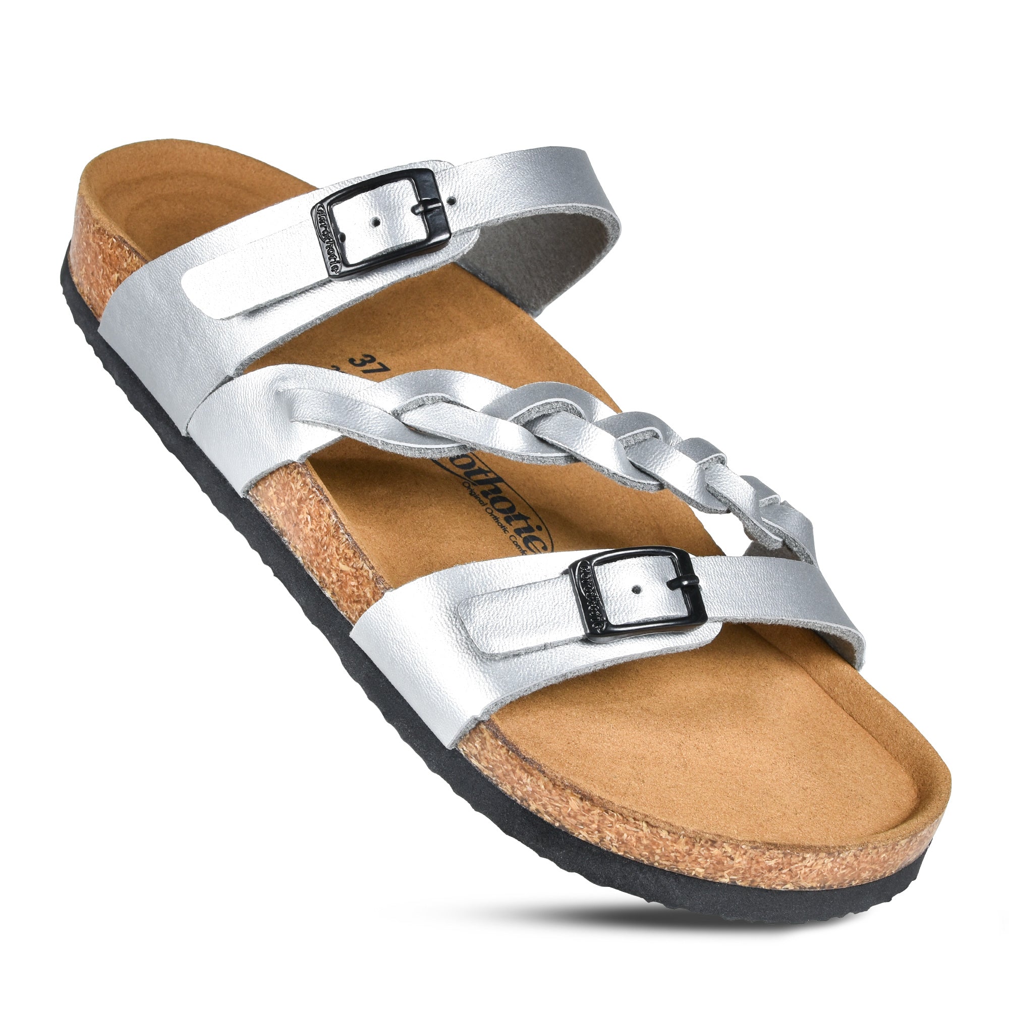 Silver strappy sandal with black buckles, brown cork footbed, and black sole.