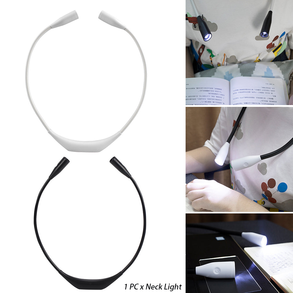 Flexible neck light in black and white, worn while reading, illuminating pages and keyboard.
