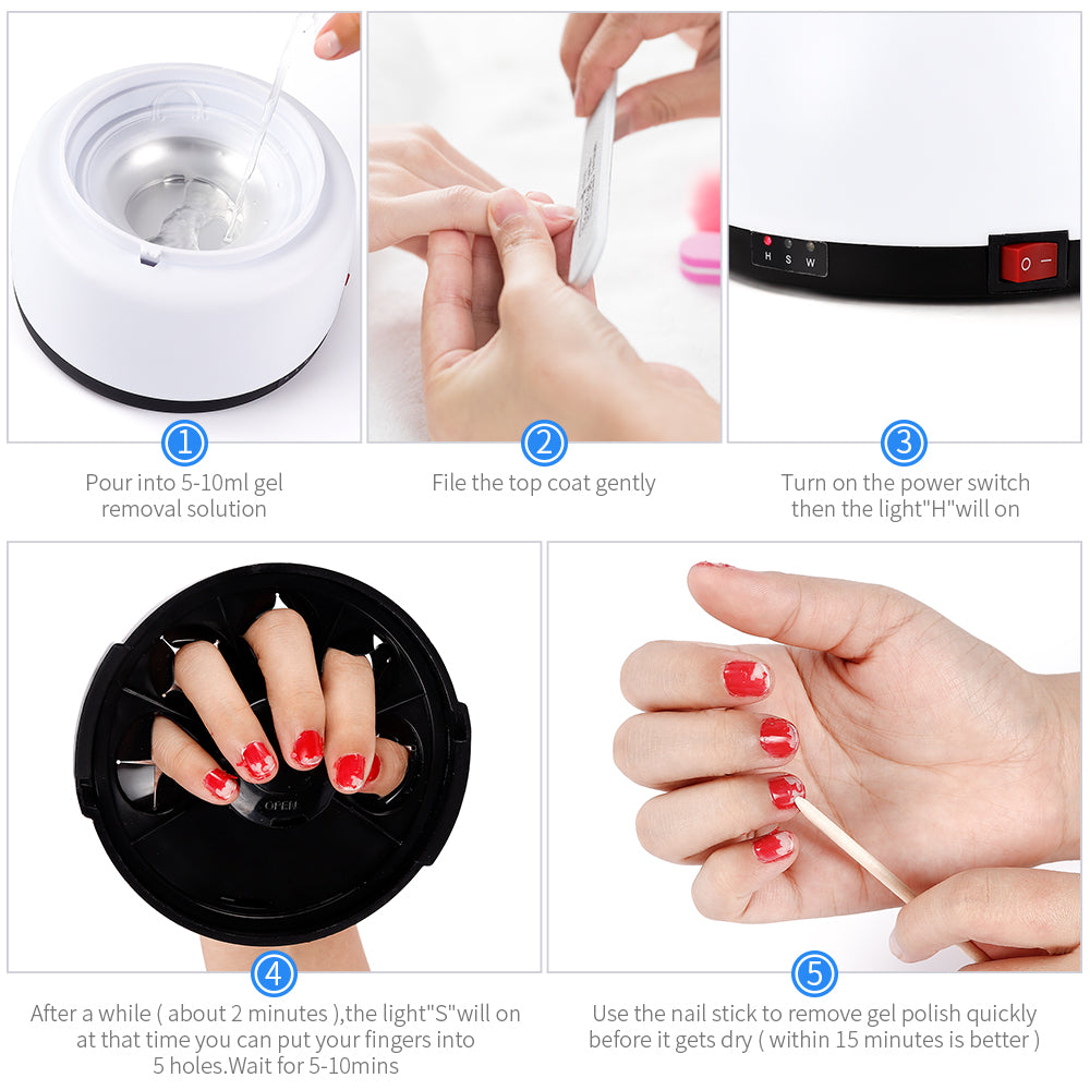 Nail gel removal steps using a white device; includes solutions, filing, and a power switch.