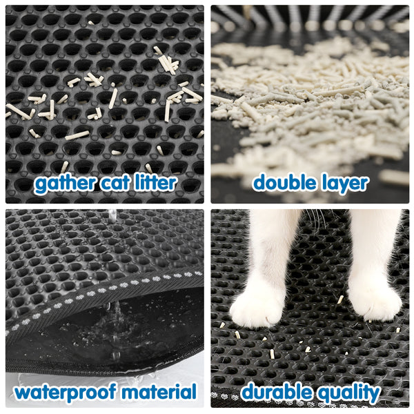 Black mat with holes, trapping cat litter; shows double layer, waterproof material, cat paws.
