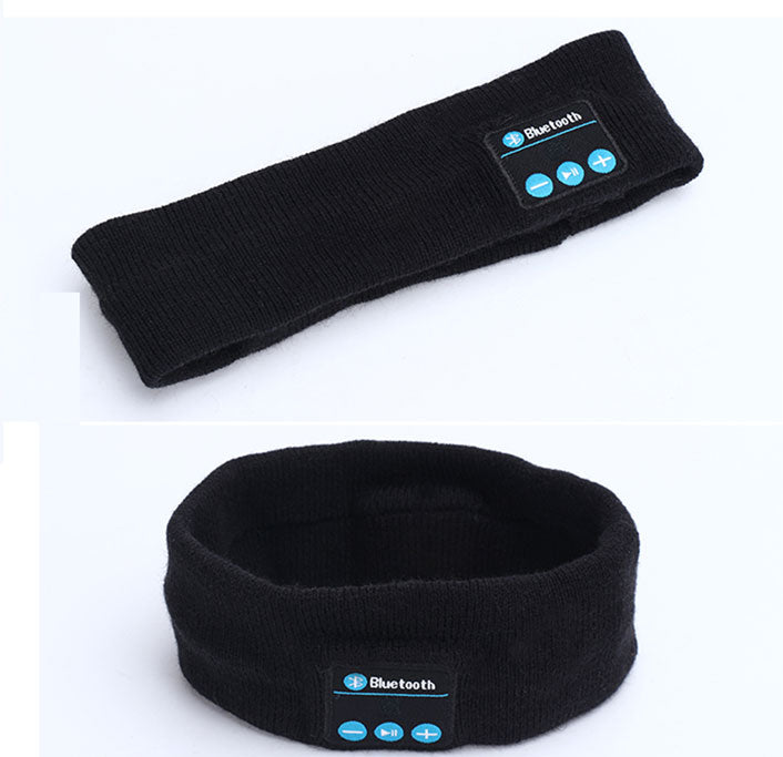 Black Bluetooth headband with blue controls, displayed flat and in a circular shape.