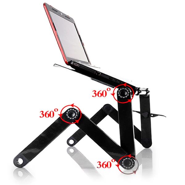 Adjustable black laptop stand with 360-degree hinges and a laptop in a tilted position.