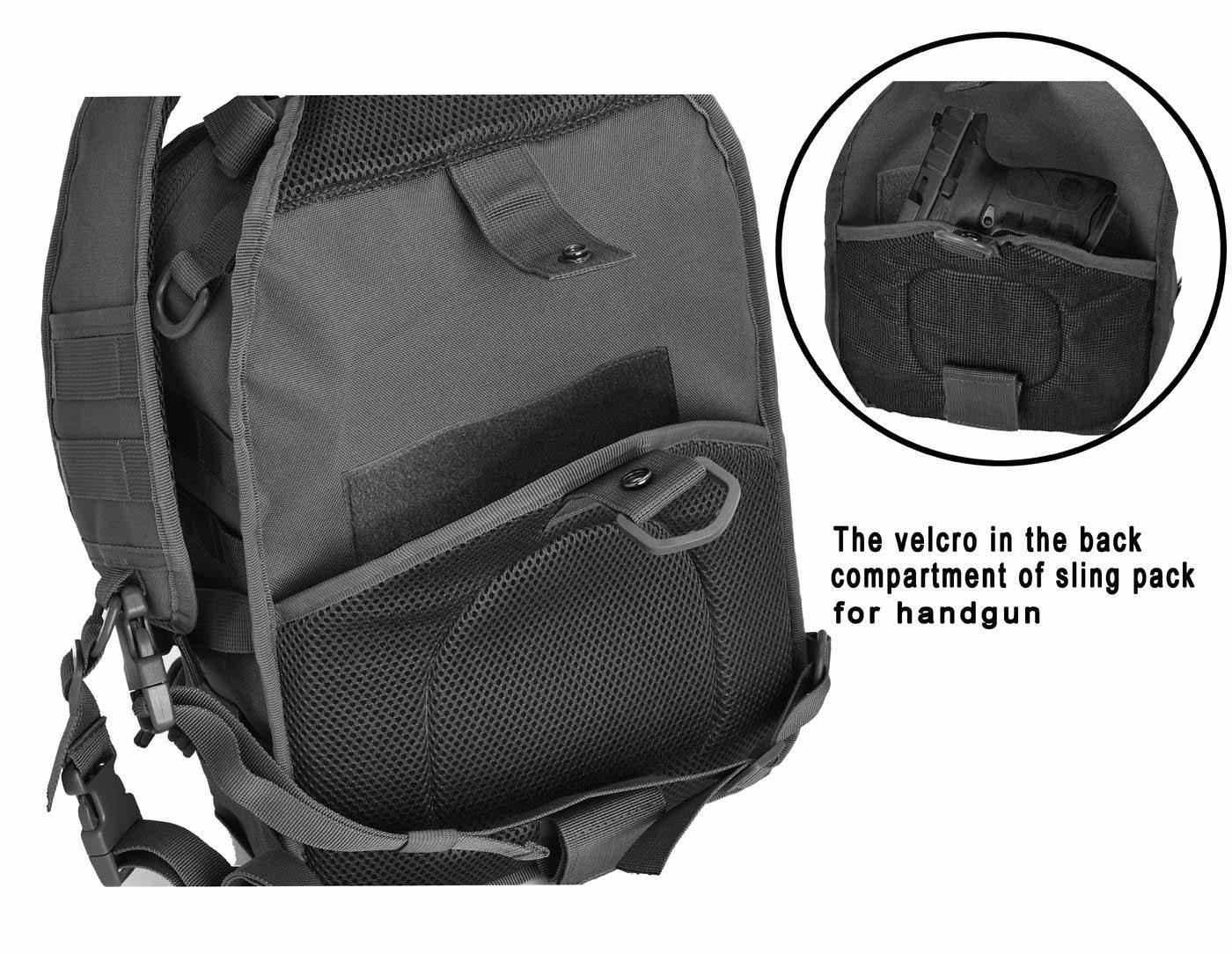 Black sling pack with mesh pocket, velcro handgun compartment, and adjustable straps.