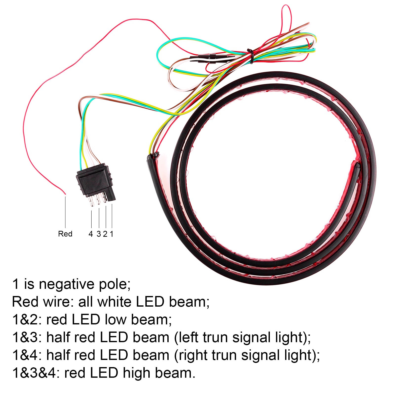 Coiled black and red LED strip with wires and connector, labeled wiring instructions below.