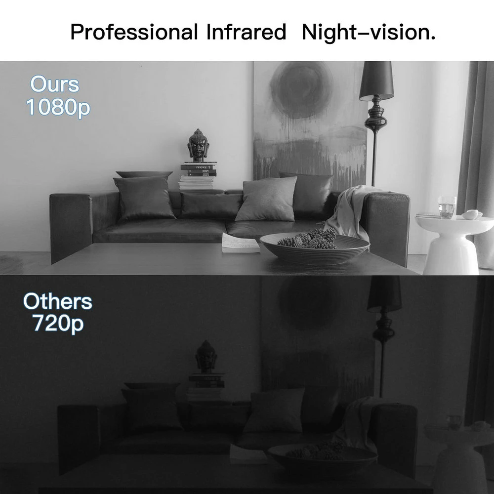 Split image of a living room in night vision; top is clear, bottom is dark and less detailed.