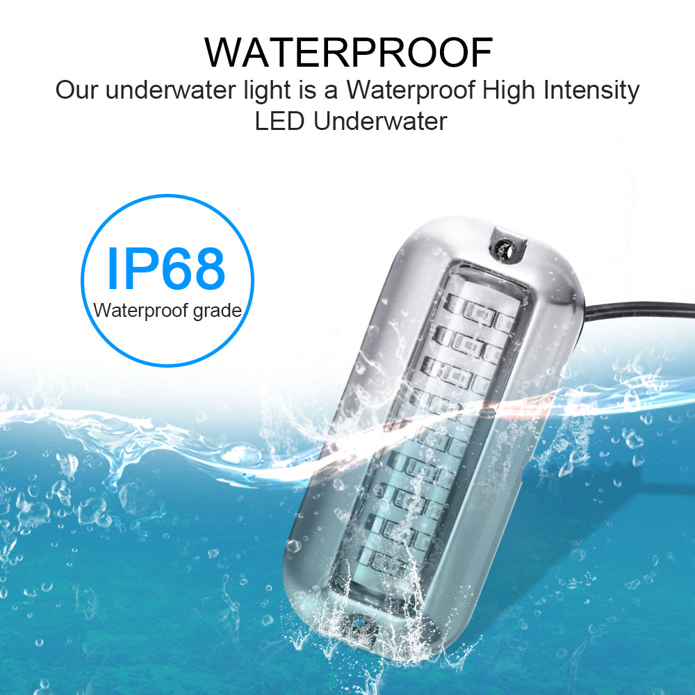 Waterproof LED light underwater with splashing water; IP68 grade label in blue circle.