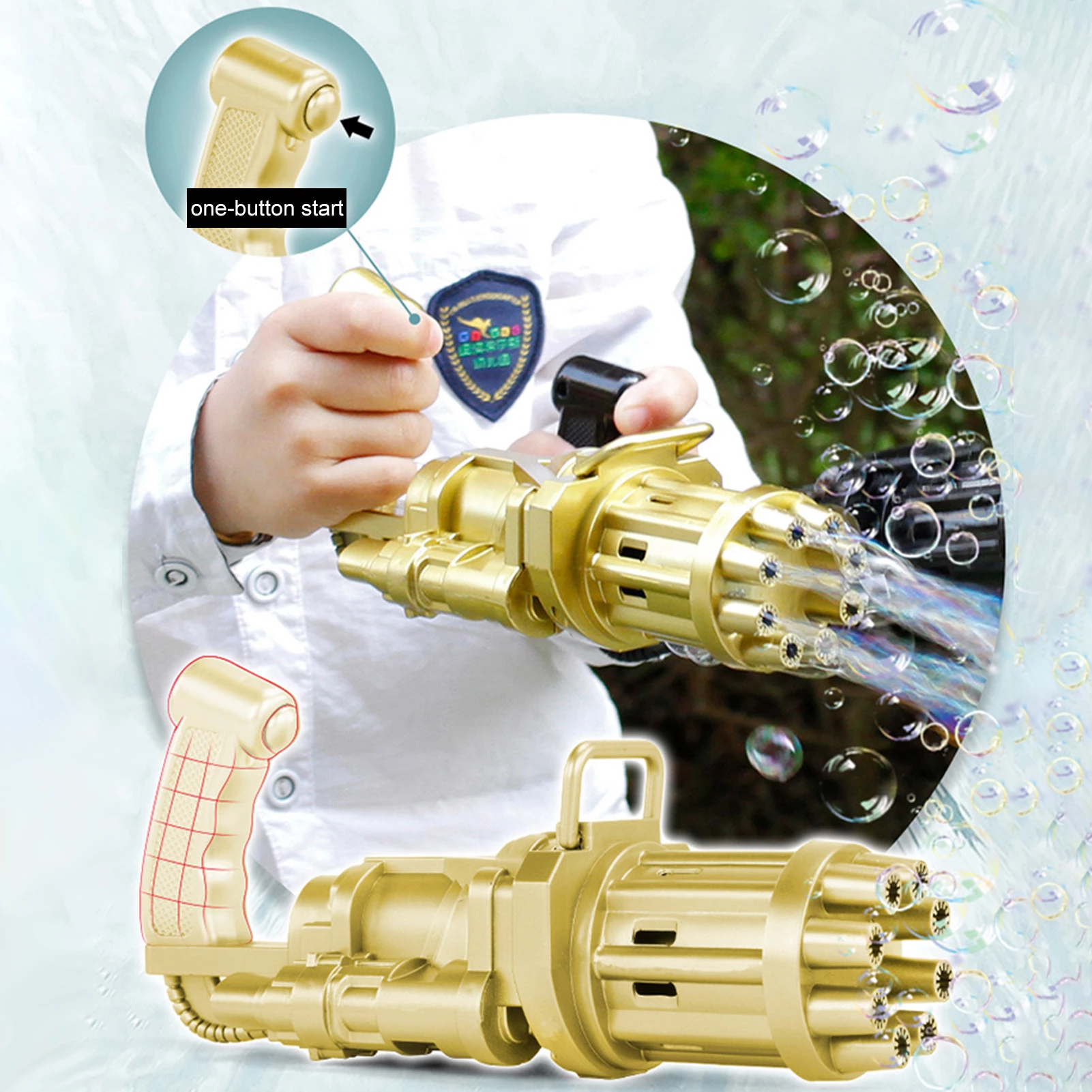 Child in white shirt holding a gold bubble gun that emits bubbles, with a one-button start icon.