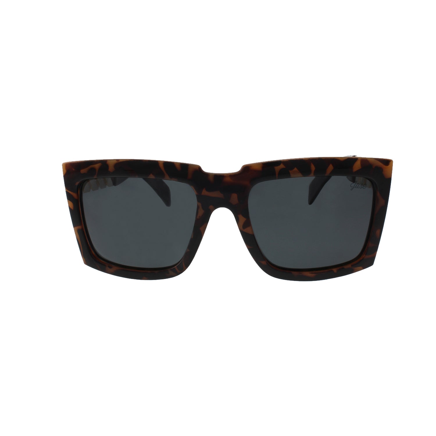 Tortoiseshell sunglasses with dark rectangular lenses and thick frames.
