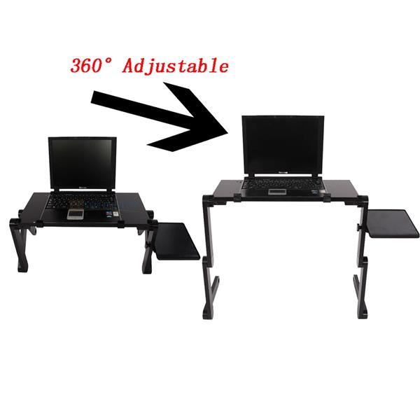 Adjustable black laptop stand; two positions shown, labeled "360° Adjustable."