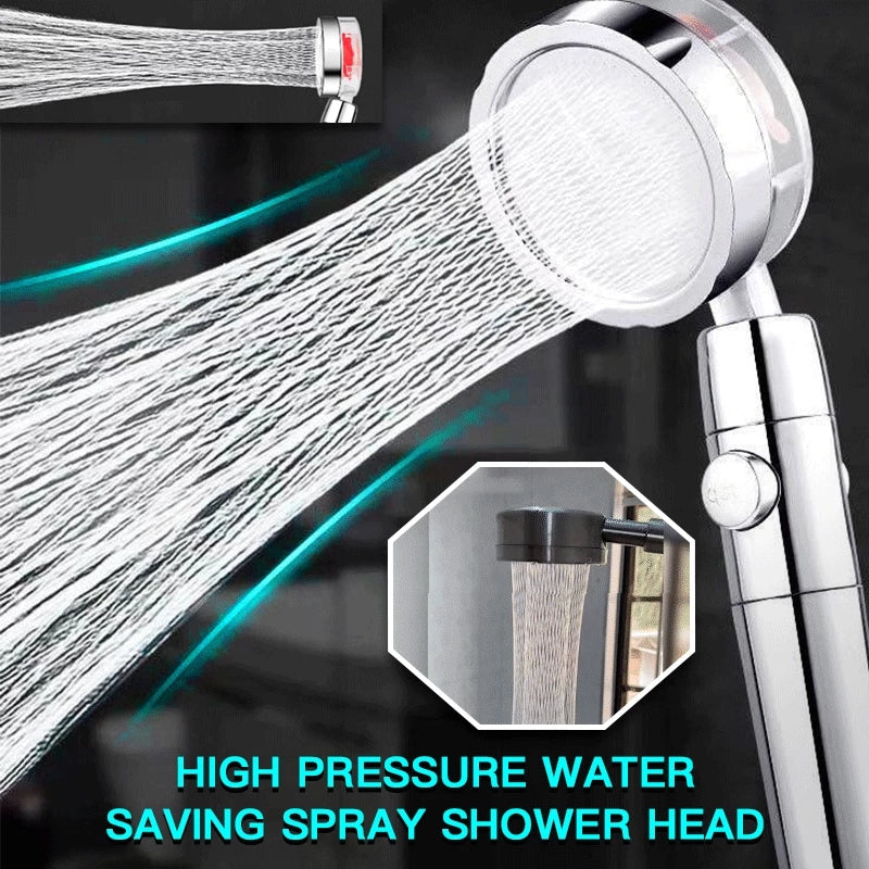 Chrome showerhead emitting high-pressure water jets, with blue highlights and text below.
