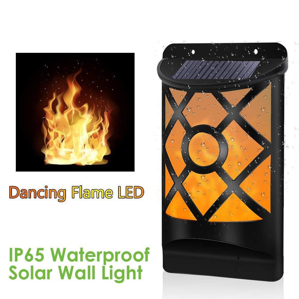 LED wall light with solar panel, black lattice design, and glowing orange flame effect.