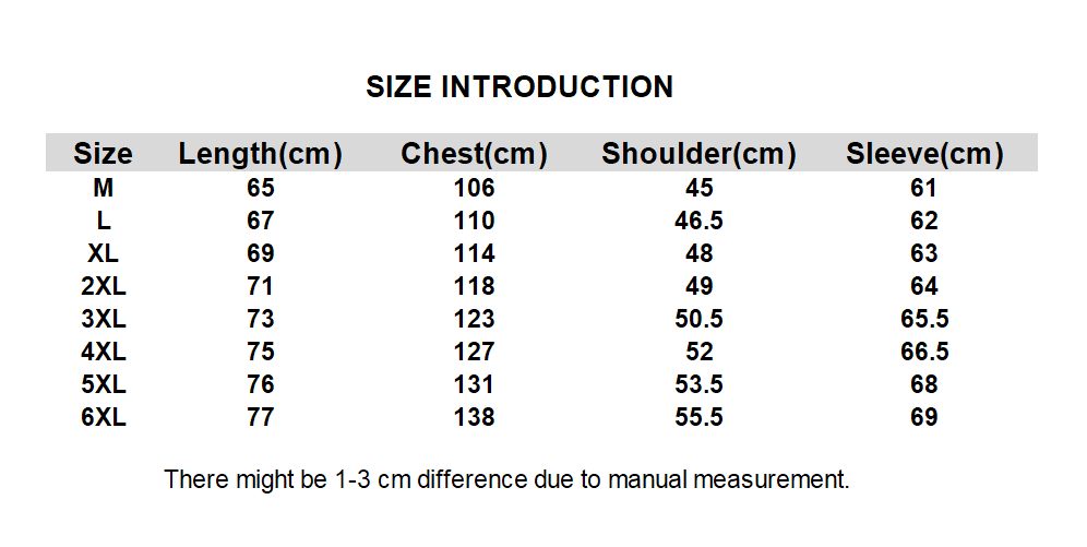 Size chart with measurements for M to 6XL in cm for length, chest, shoulder, and sleeve.