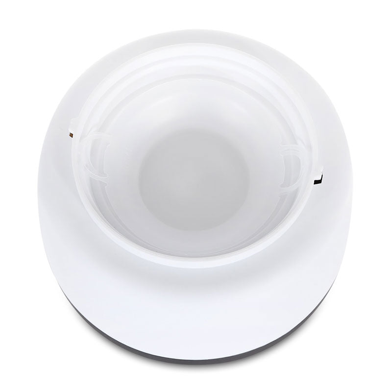 Top view of a white, round ceiling light fixture with a frosted cover.